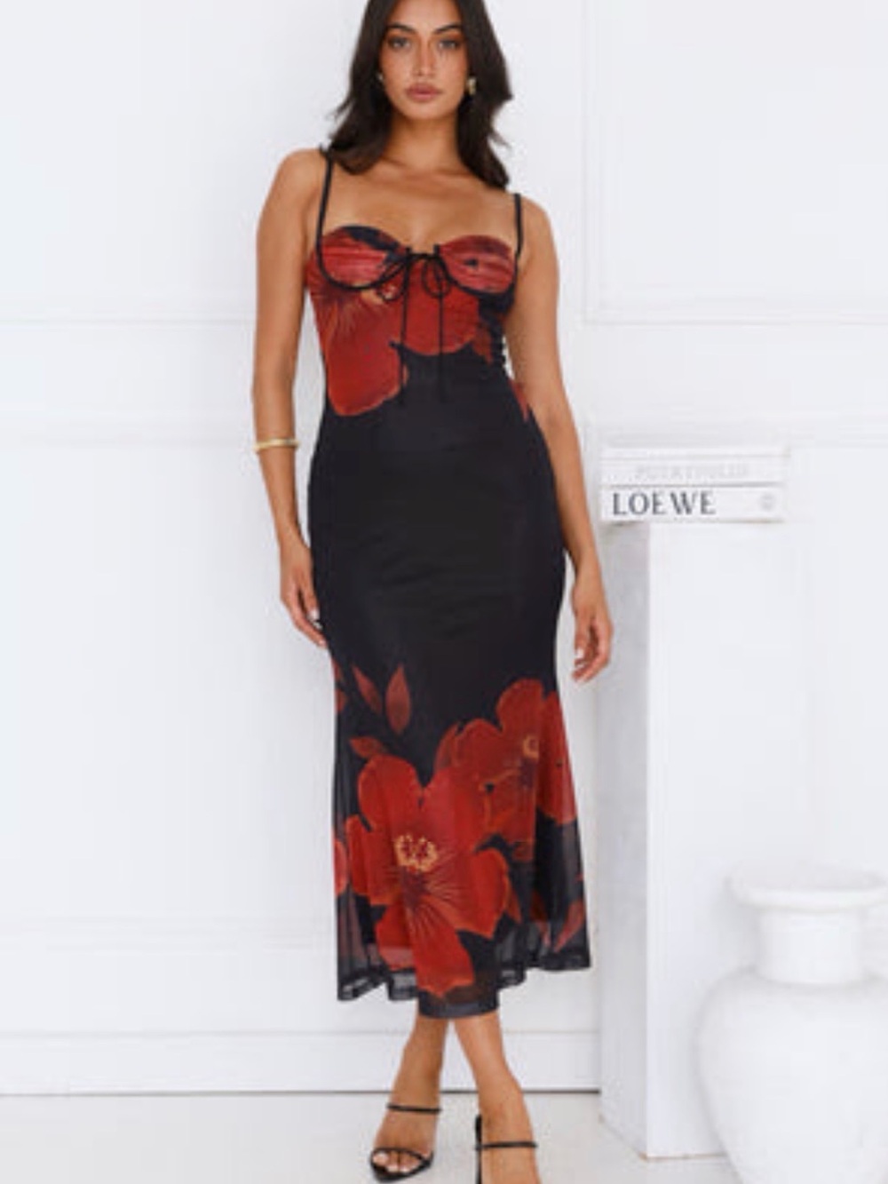 Black Midi Dress with Red Floral Print